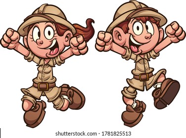 Happy cartoon explorer safari kids jumping. Vector clip art illustration with simple gradients. Each on a separate layer. 
