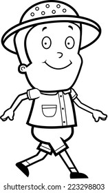 A happy cartoon explorer walking and smiling.