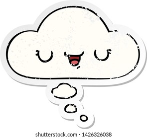 expresión de caricatura feliz con burbuja de pensamiento como pegatina gastada angustiada