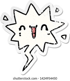 happy cartoon face with speech bubble distressed distressed old sticker
