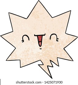happy cartoon face with speech bubble in retro texture style