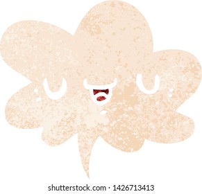 happy cartoon face with speech bubble in grunge distressed retro textured style