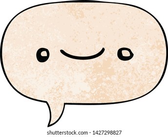 happy cartoon face with speech bubble in retro texture style