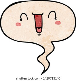 happy cartoon face with speech bubble in retro texture style