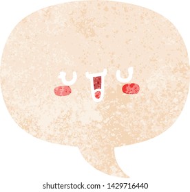 happy cartoon face with speech bubble in grunge distressed retro textured style