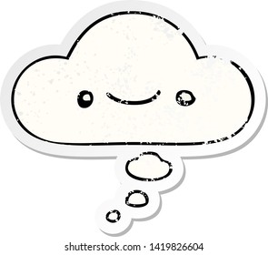 happy cartoon face with thought bubble as a distressed worn sticker