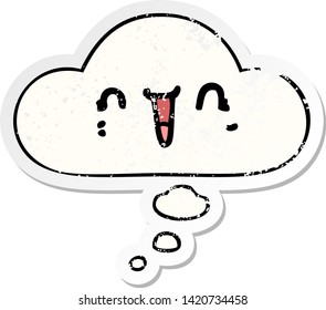 happy cartoon face with thought bubble as a distressed worn sticker