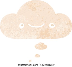happy cartoon face with thought bubble in grunge distressed retro textured style