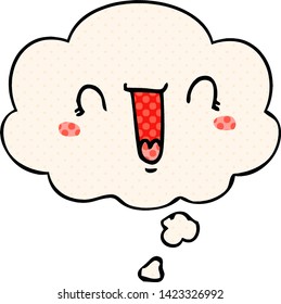 happy cartoon face with thought bubble in comic book style