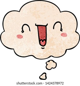 happy cartoon face with thought bubble in grunge texture style
