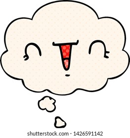 happy cartoon face with thought bubble in comic book style