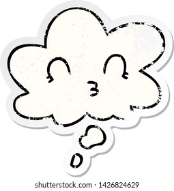 happy cartoon face with thought bubble as a distressed worn sticker