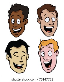 Happy cartoon faces of males of different races.