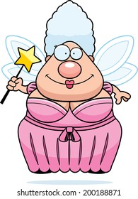 A happy cartoon fairy godmother with a wand.