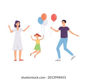Happy cartoon family with balloons jumping from happiness. Parents and child having fun with floating helium balloon bunch, isolated vector illustration.