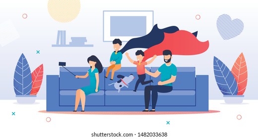 Happy Cartoon Family Characters Make Selfie Using Smartphone. Mother, Father, Children and Dog Sitting on Sofa in Living Room at Home. Two Sons Wearing Hero Cloak. Good Vibes. Vector Flat Illustration