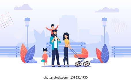 Happy Cartoon Family in City Park Together. Father Holding Son on Shoulders, Mother with Baby Car and Daughter Walking Outdoors. Millennial Parents and Children Spending Time. Vector Flat Illustration