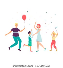 Happy cartoon family dancing and celebrating isolated on white background - parents with son and daughter having dance celebration with confetti - flat vector illustration.