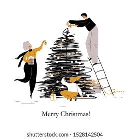 Happy cartoon family decorates Christmas tree. Hypertrophic people prepare celebration. Scandinavian friends dress up holiday tree. Black yellow hand drawn vector illustration EPS 10 isolated on white