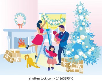 Happy Cartoon Family Decorating Home for Christmas Together. Father Holding Baby on Hands. Mother Hangs Garland Standing on Stepladder. Preschooler Daughter Helps Mom. Vector Flat Illustration