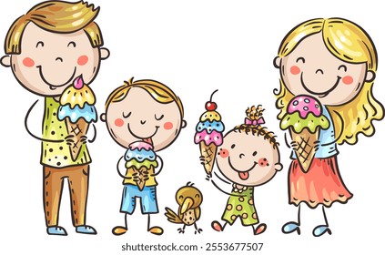 Happy cartoon family eating ice cream, parents with kids standing together, isolated characters, flat vector illustration