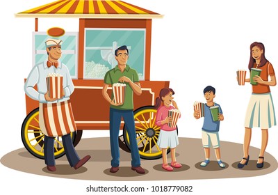 Happy cartoon family eating popcorn. Old fashion popcorn red cart.