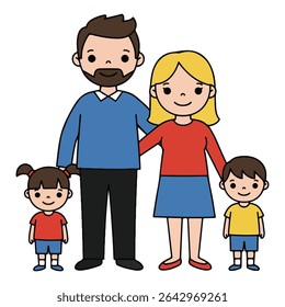 A happy cartoon family of four: father, mother, son, and daughter, standing together. Represents family life, togetherness, and relationships. For insurance, real estate, or family blogs.