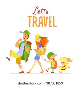 Happy cartoon family going on summer vacation:mother,father,brother and sister. Vector illustration isolated on white background