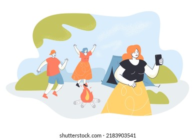 Happy cartoon family having fun around campfire. Woman taking selfie with wife or friend and son flat vector illustration. Camping, outdoor activity, recreation concept for banner or landing web