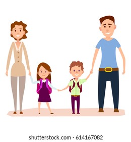 Happy cartoon family hold hands together isolated on white background. Friendly parents with first grade kids in school uniform with rucksacks. Important day in children life vector illustration.