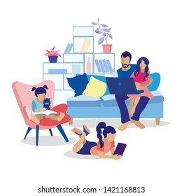Happy Cartoon Family at Home Flat Vector Illustration. Father and Daughter Watching Video on Laptop Sitting on Sofa. Little Girl on Armchair Reading Book to Cat. Eldest Female Child Using Tablet