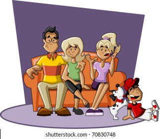 A happy cartoon family with kids on the couch