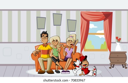 A happy cartoon family with kids on the couch