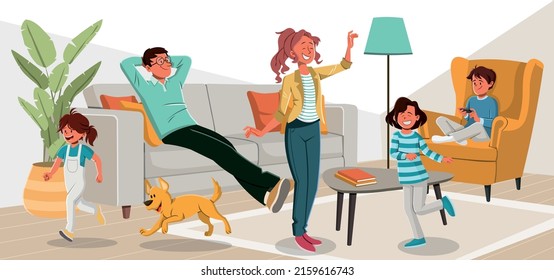 Happy Cartoon Family Living Room Stock Vector (Royalty Free) 2159616743 ...