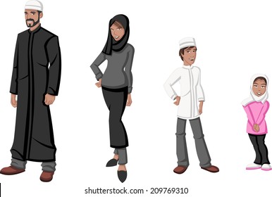 Happy cartoon family. Muslim people. 