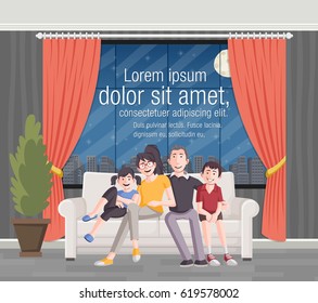 Happy cartoon family on sofa in the living room.