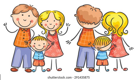 Happy cartoon family with one child, both front and rear views, no gradients, isolated