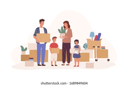 Happy cartoon family relocating to new apartment isolated on white background. Smiling mother, father, daughter and son holding packing boxes vector flat illustration. House moving concept