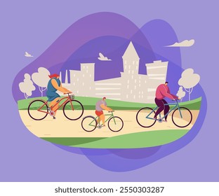 Happy cartoon family riding bikes together in park. Flat vector illustration. Mother, father and child in helmet while outdoor activities in city background. Family, leisure, healthy lifestyle concept