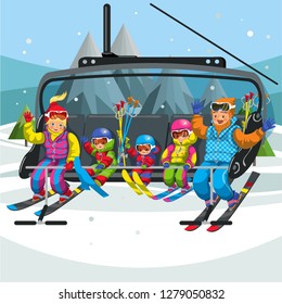 Happy cartoon family riding in ski lift