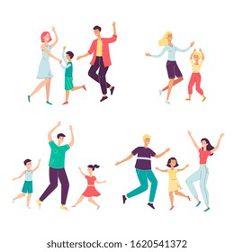 Happy cartoon family set isolated on white background. Young parents and their children dancing and jumping from happiness - flat vector illustration.