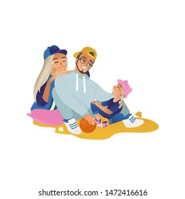 Happy cartoon family in sport clothes sitting and smiling, young healthy people having fun together, stylish man with wife and daughter, hand drawn vector illustrration isolated on white background