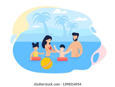 Happy Cartoon Family Swimming in Sea or Ocean. Mother and Father Help Son to Use Inflatable Circles. Daughter Floating and Playing with Ball. Vacation in Hot Exotic Country. Vector Flat Illustration