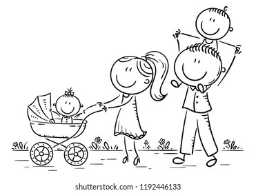 Happy cartoon family with two children walking outdoors, vector illustration, outline