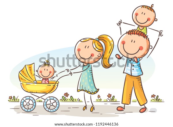 Happy cartoon family with two children\
walking outdoors, vector\
illustration