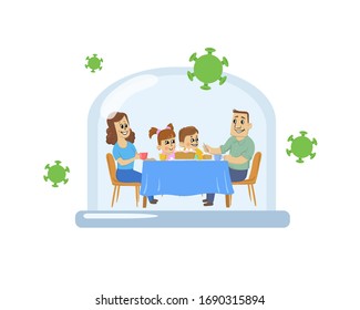 Happy cartoon family under a glass dome with viruses flying around. Covid-19 pandemic, quarantine, stay home. Coronavirus self-isolation concept. Flat vector illustration, isolated.