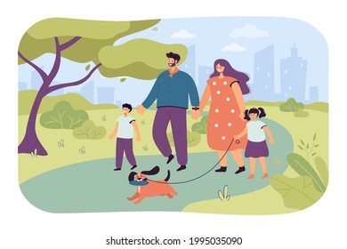 Happy cartoon family walking dog in park together. Flat vector illustration. Mother and dad characters spending time with children. Family, parenthood, weekend, nature, pet concept for banner design