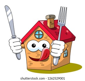 Happy Cartoon fanny house holding fork and knife isolated on white