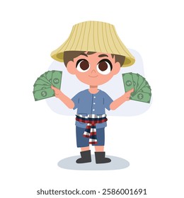 happy cartoon farmer holding cash fan with both hands full of money