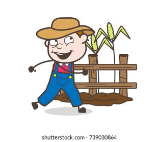 Happy Cartoon Farmer Running in Field